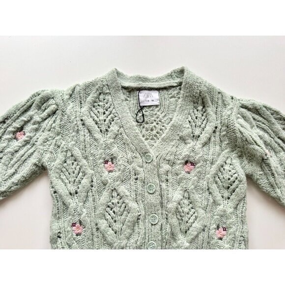 Girls' ZARA Light Green Cable Knit Embroidered Cardigan Sweater, Size 11-12 - Picture 3 of 8